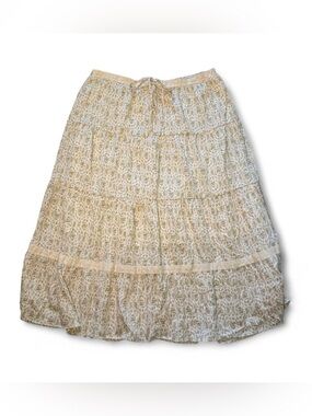 Coquette Bridgerton cream and green floral maxi midi skirt elastic waistband L🗻